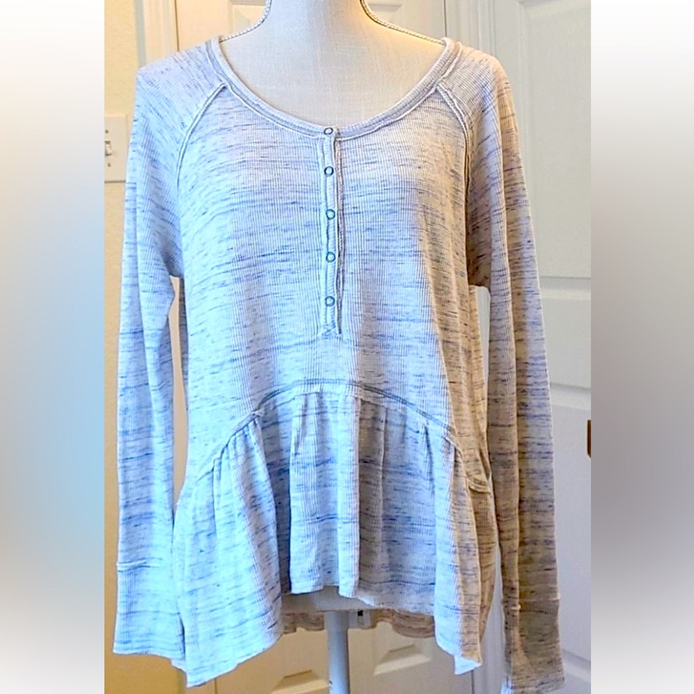 FREE PEOPLE We Free Blue Coastline Thermal Peplum Button Shirt Top Small 4-6